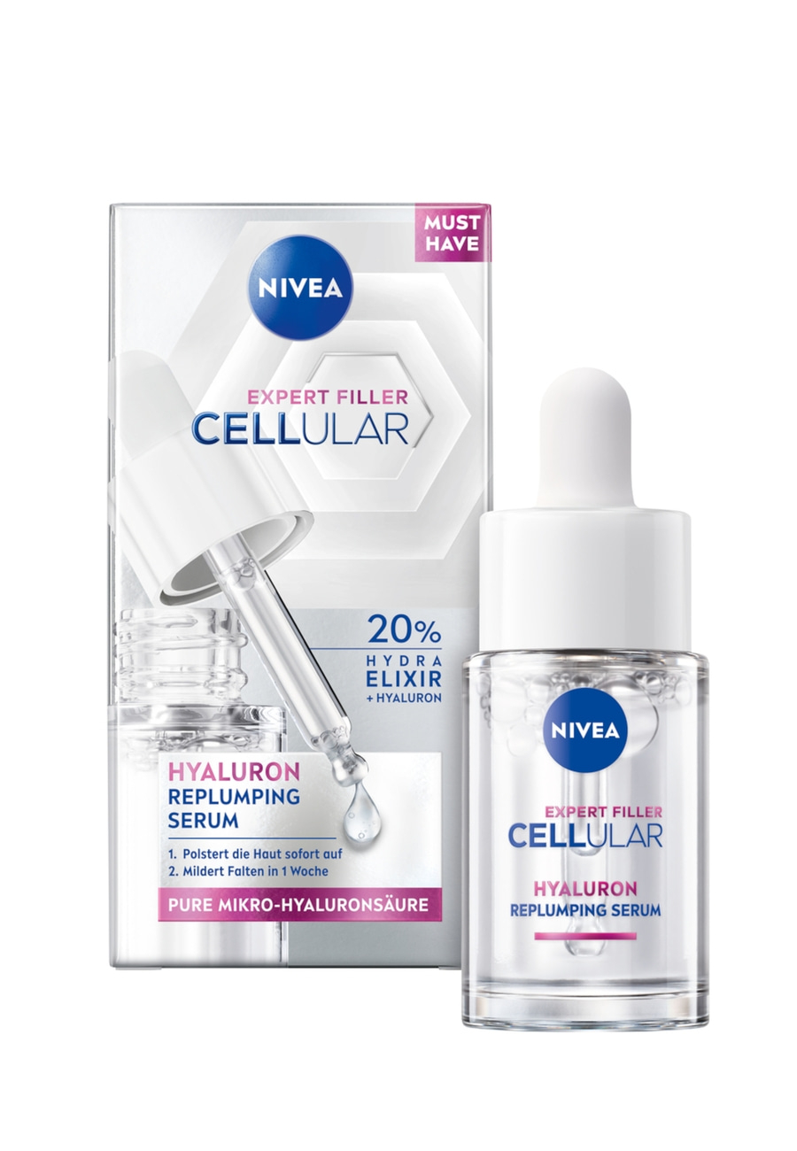 Nivea Hyaluron Plumping Serum mit Pipette auf weißem Hintergrund