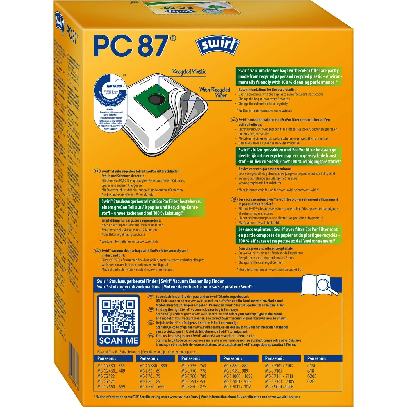 Swirl PC 87 Staubsaugerbeutel Packung mit Produktinformationen und QR-Code für die Suche nach Staubsaugerbeuteln