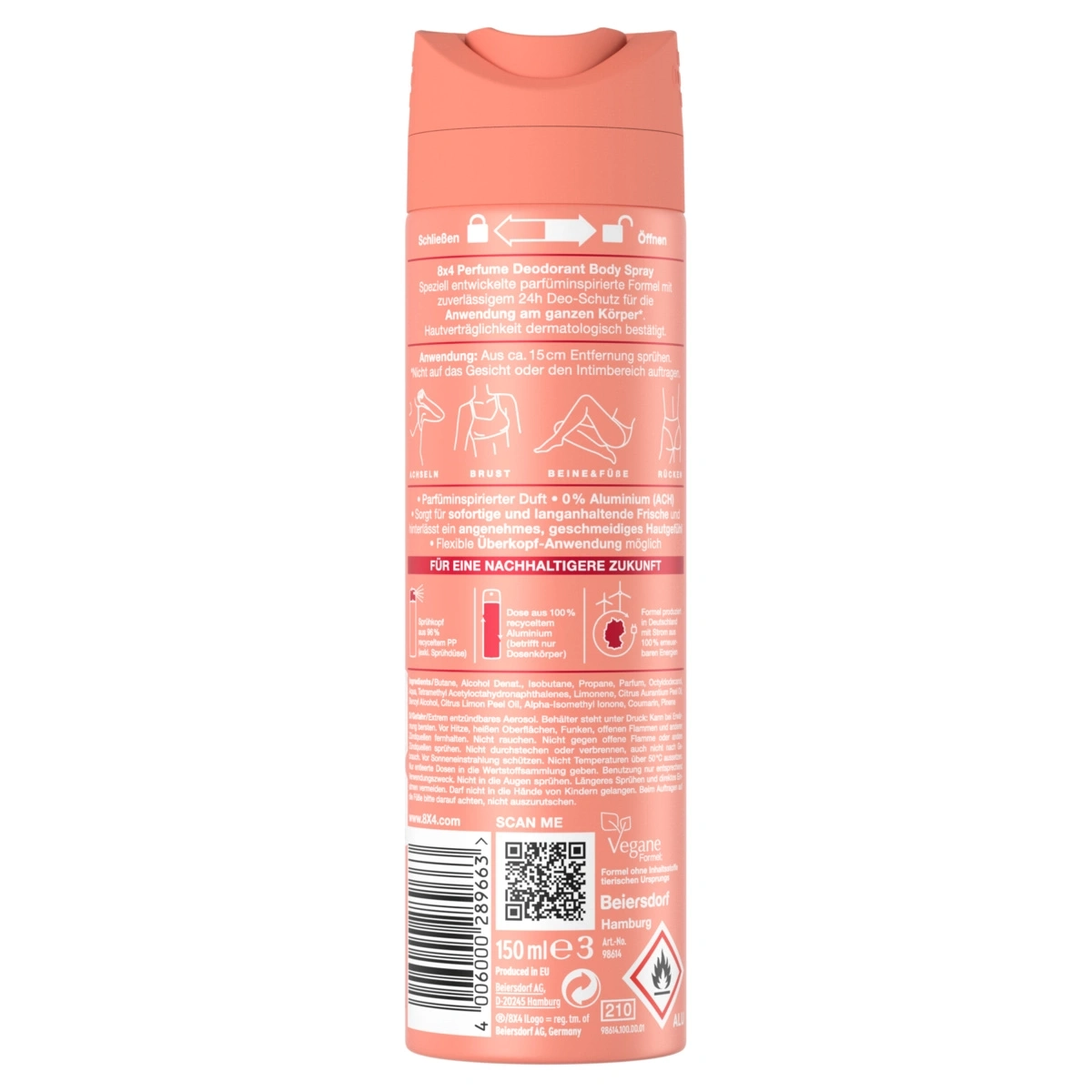 8X4 Body Spray Coral Charm 6 x 150ml Deodorant 24h blumig‑verführerisch