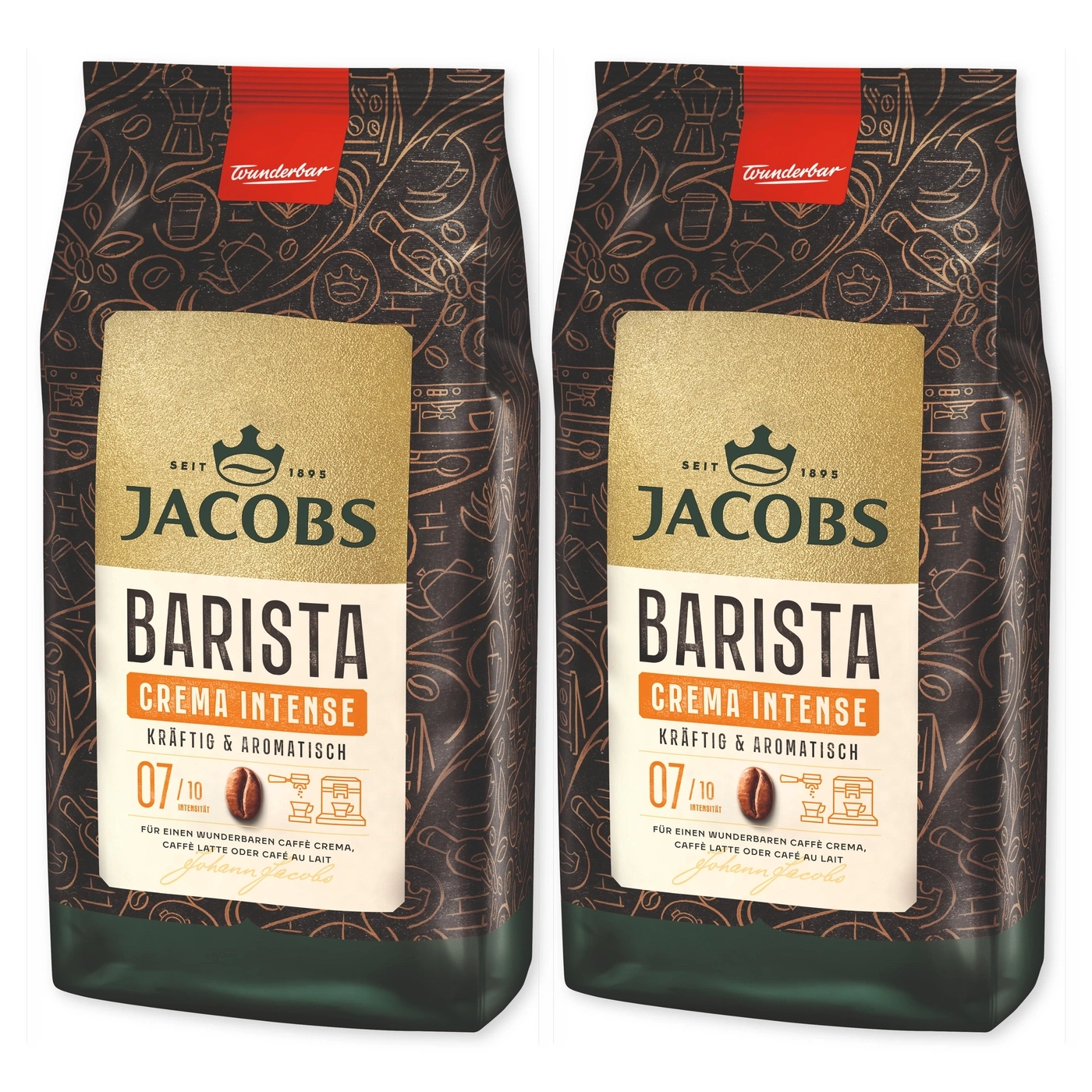 Zwei Packungen Jacobs Barista Crema Intense Kaffeebohnen nebeneinander.