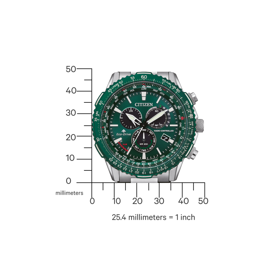 Eine grüne Herrenuhr mit silbernem Armband und vielen Funktionen.