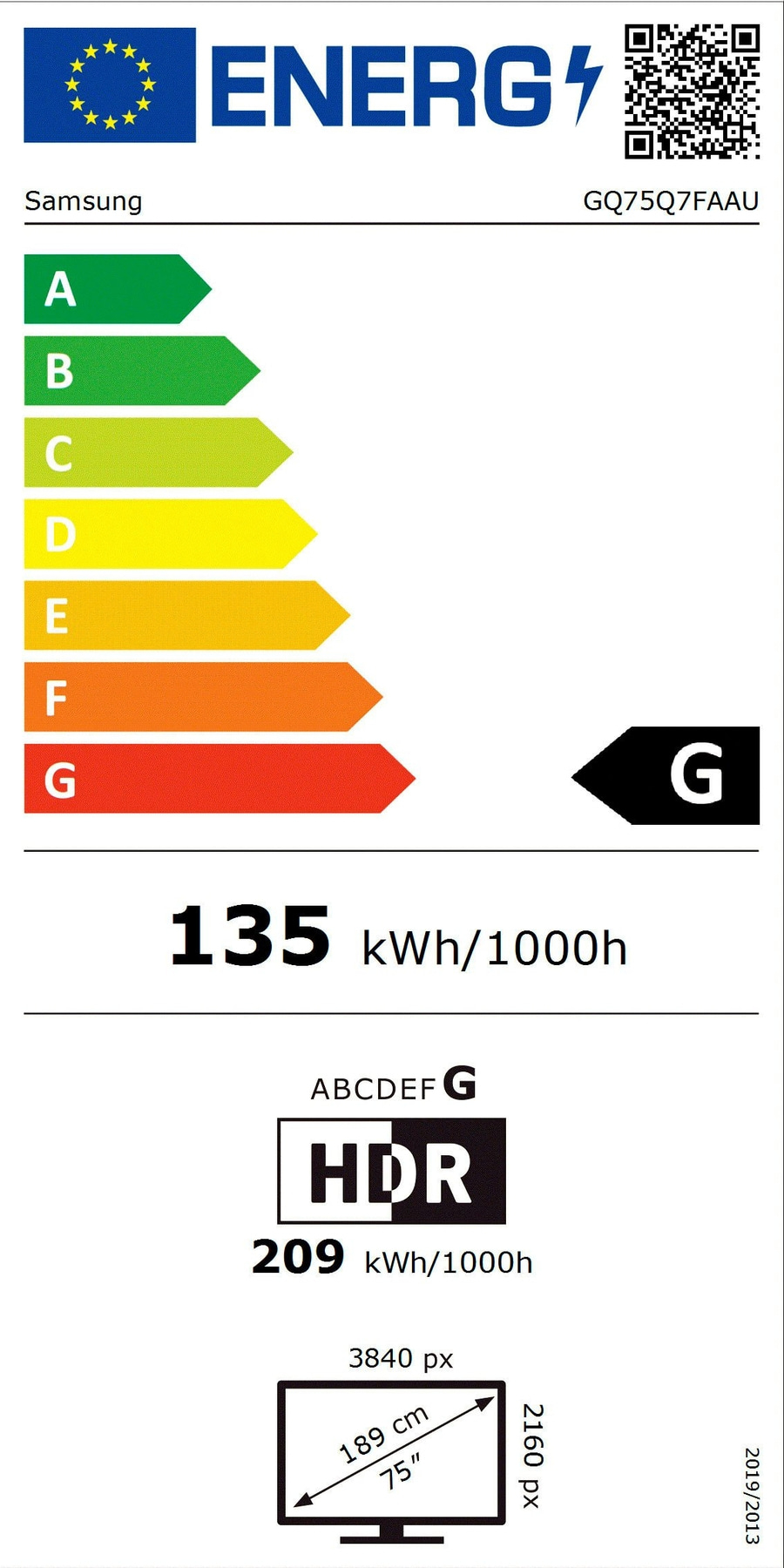 Energieeffizienzlabel für Samsung GQ75Q7FAAU, Energieklasse G, 135 kWh/1000h