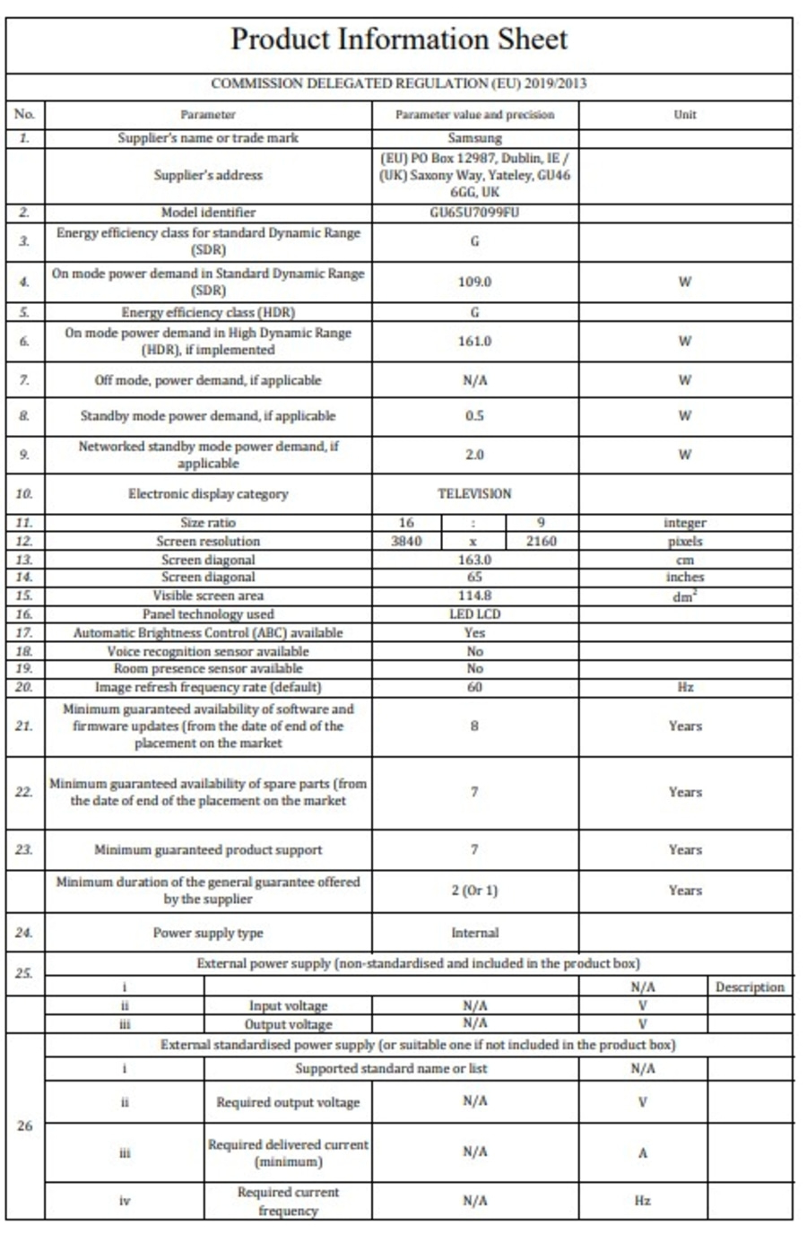 Produktinformationsblatt mit technischen Daten zu einem Fernseher, einschließlich Energieeffizienz.