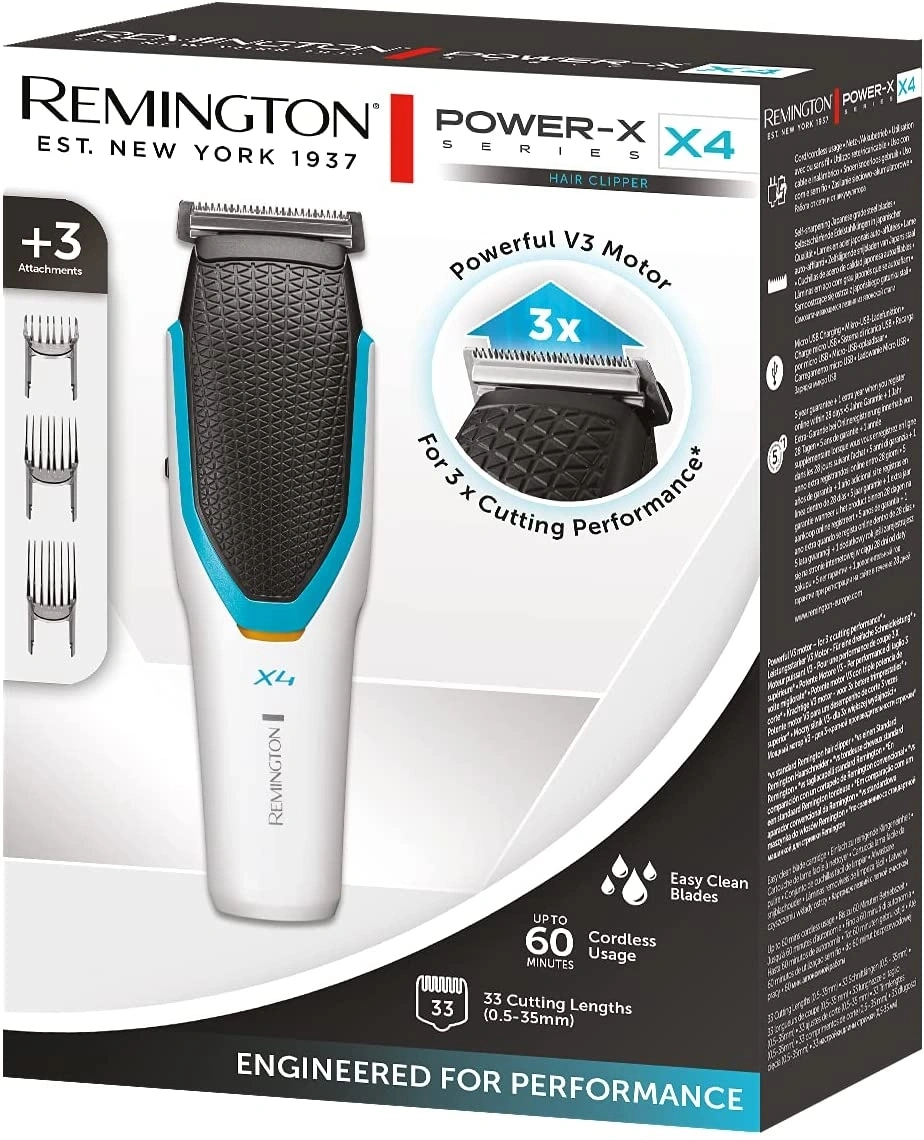 Remington Power-X X4 Haarschneider, 3 Aufsätze, 60 Minuten Akkulaufzeit, 33 Schnittlängen