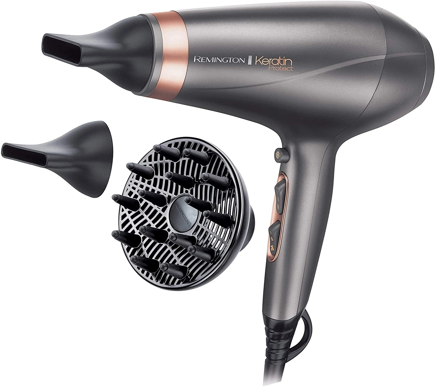 Grauer Haartrockner mit Aufsätzen, Keratin Protect, Remington, Nahaufnahme