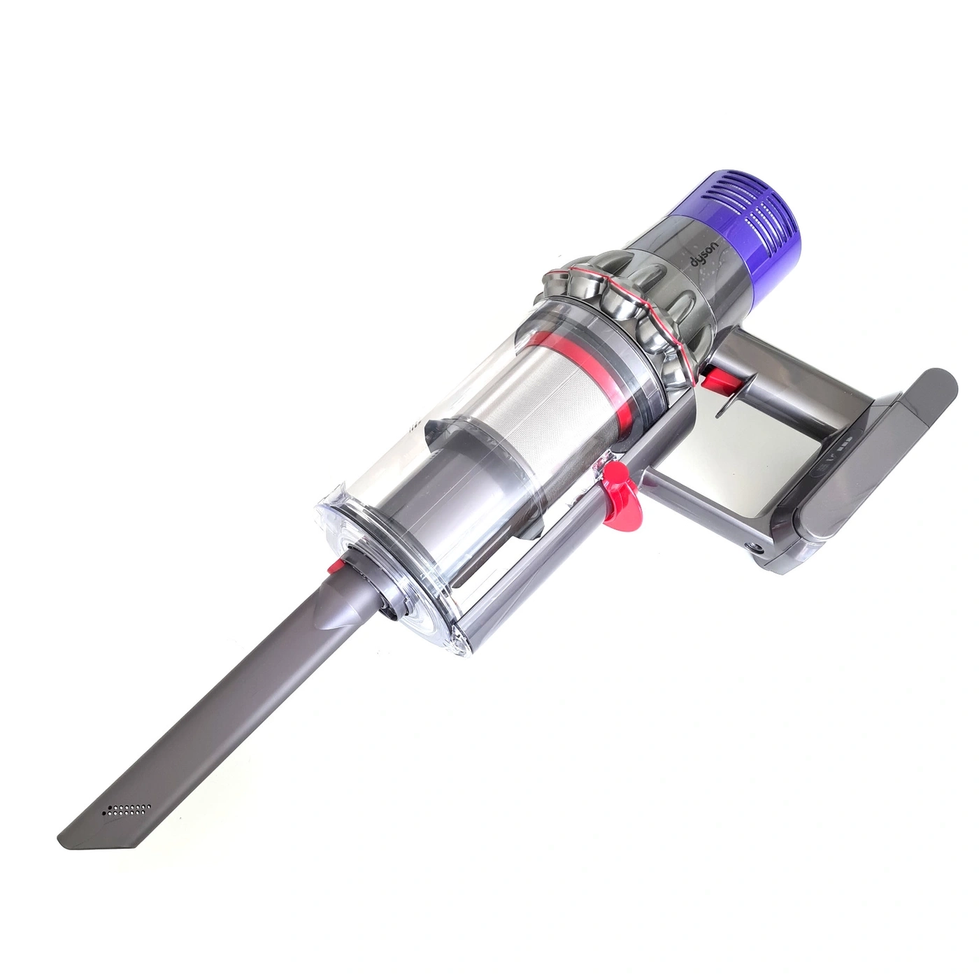 Dyson Staubsauger mit blauem Oberteil und transparentem Behälter