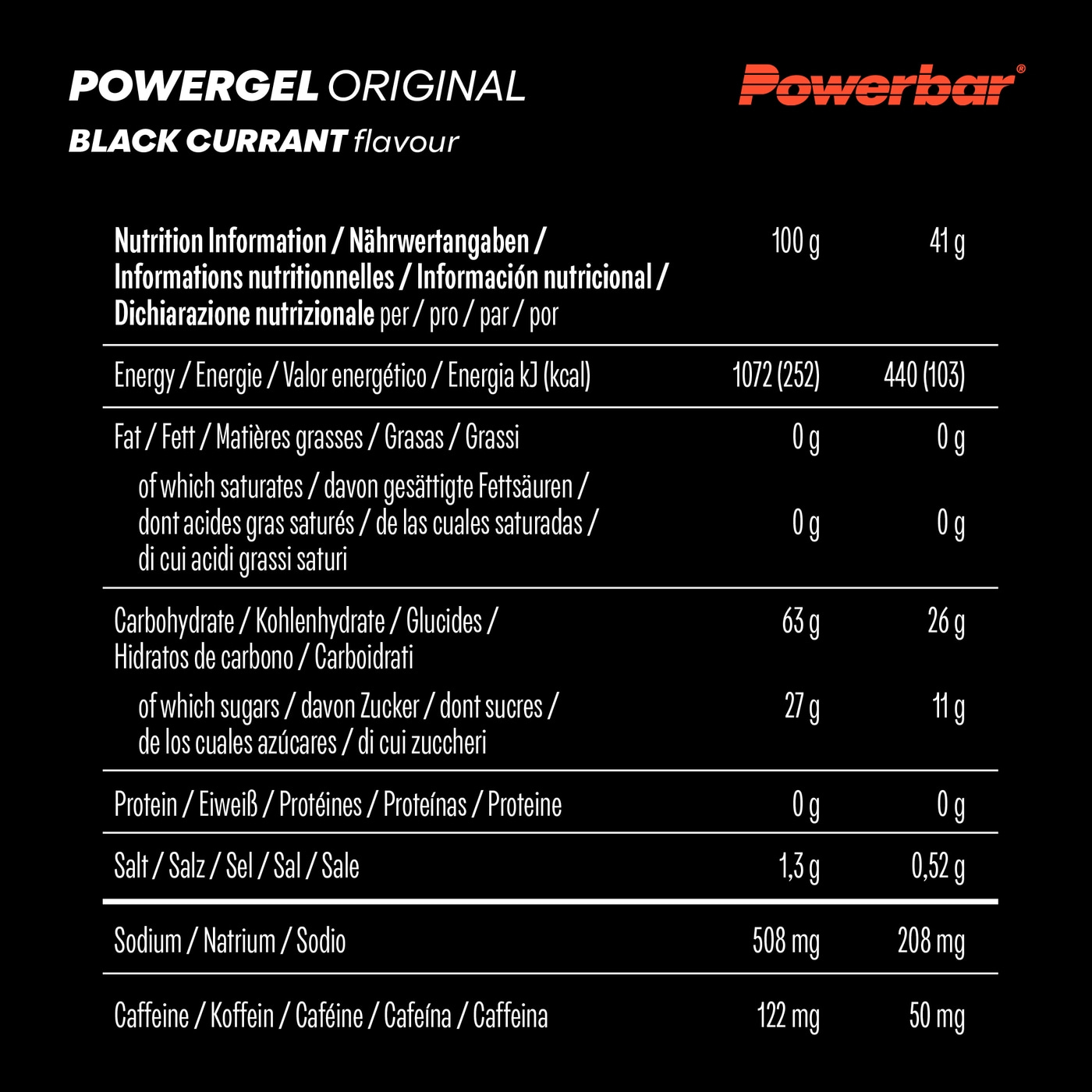 POWERBAR PowerGel Fruit Black Currant High Carb Energie Gel Natrium 24 x 41 g