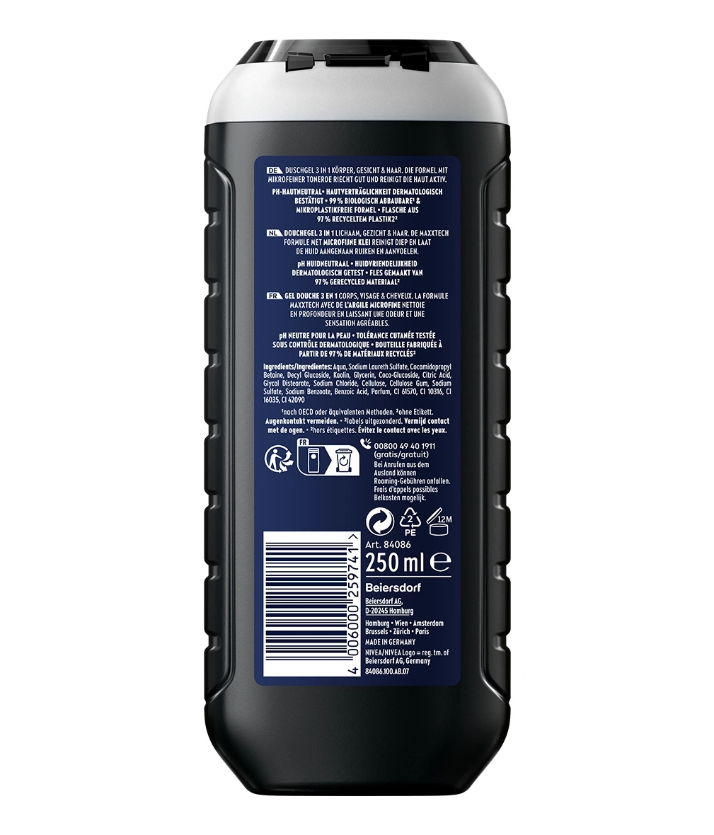 Duschgel mit pH-Hautneutraler, dermatologisch getesteter Formel aus 99% biologisch abbaubaren und mikroplastikfreiem Material.