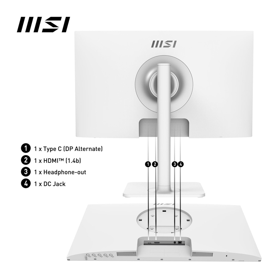 Das MSI-Logo und die Anschlusstypen eines Monitors, einschließlich Typ-C, HDMI, Kopfhörerausgang und DC-Buchse.
