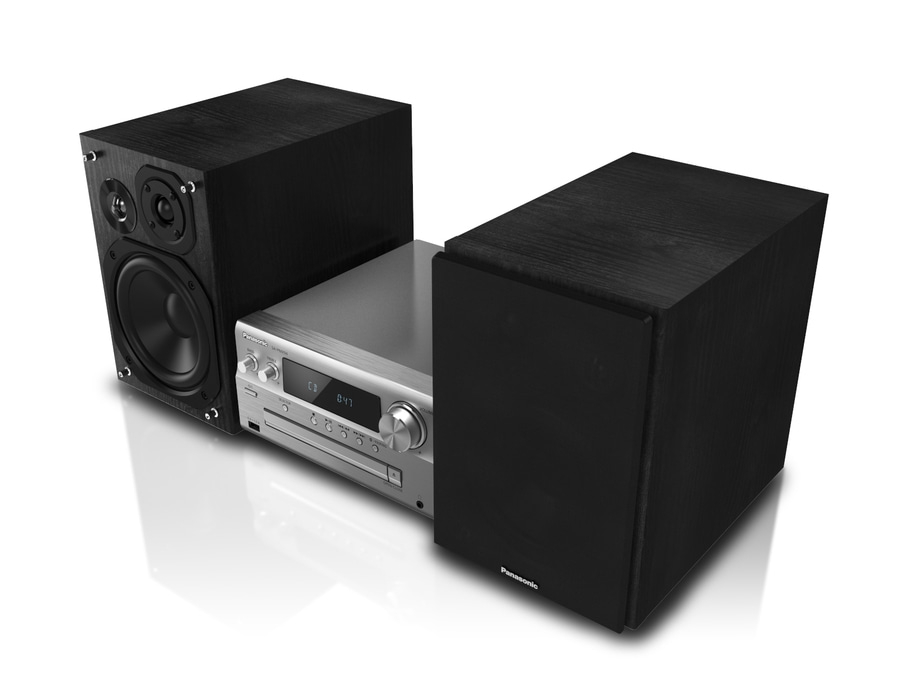 Schwarze Stereoanlage mit Lautsprechern und CD-Player, Panasonic.