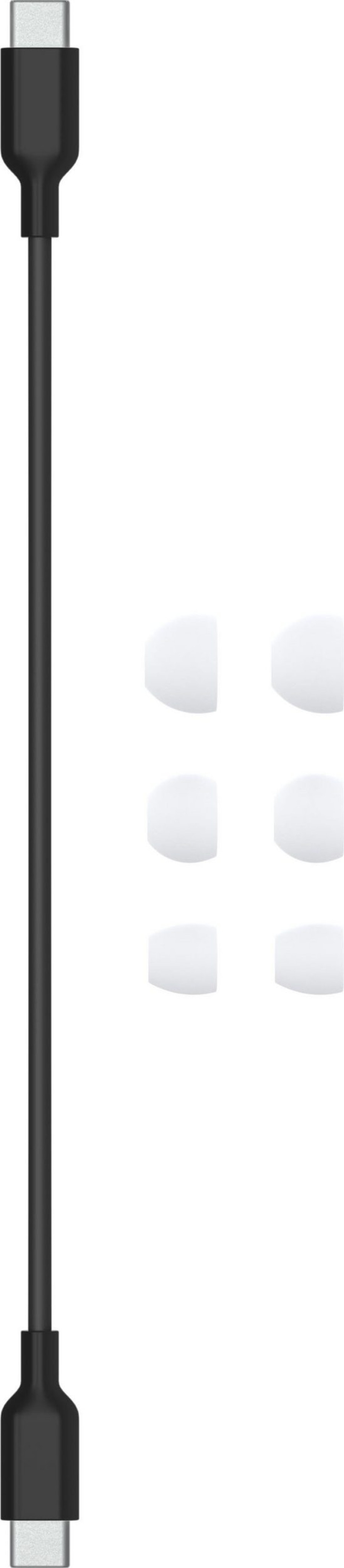 Schwarzes Ladekabel mit Ohrstöpseln, die auf weißem Hintergrund liegen.