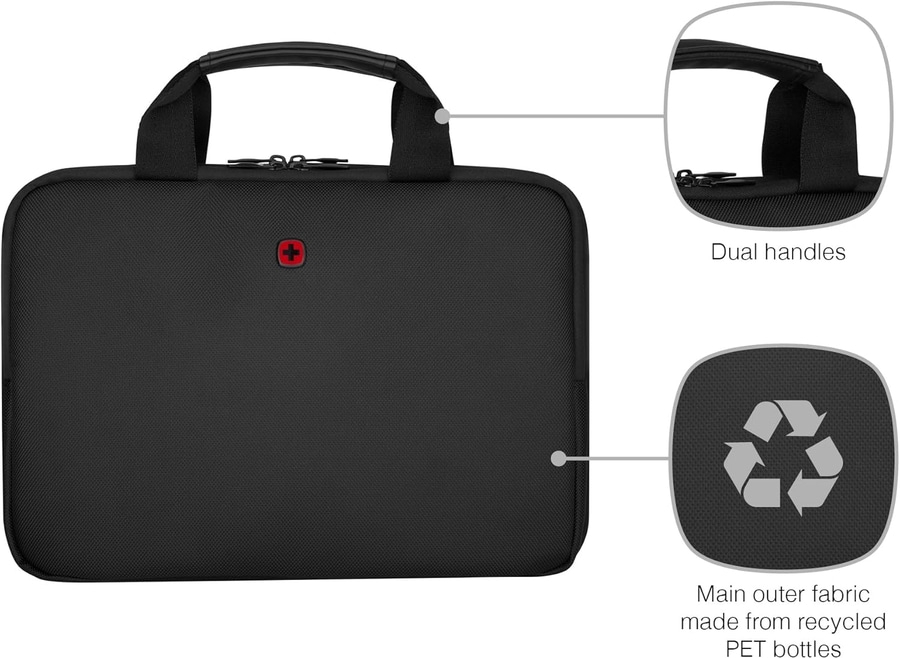 Schwarze Laptoptasche mit Doppelgriffen und recyceltem Stoff aus PET-Flaschen.