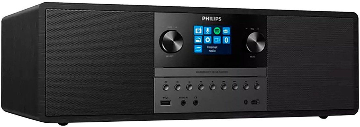 Schwarzes Philips-Radio mit Bildschirm und Knöpfen für Musikwiedergabe und Internetradio.