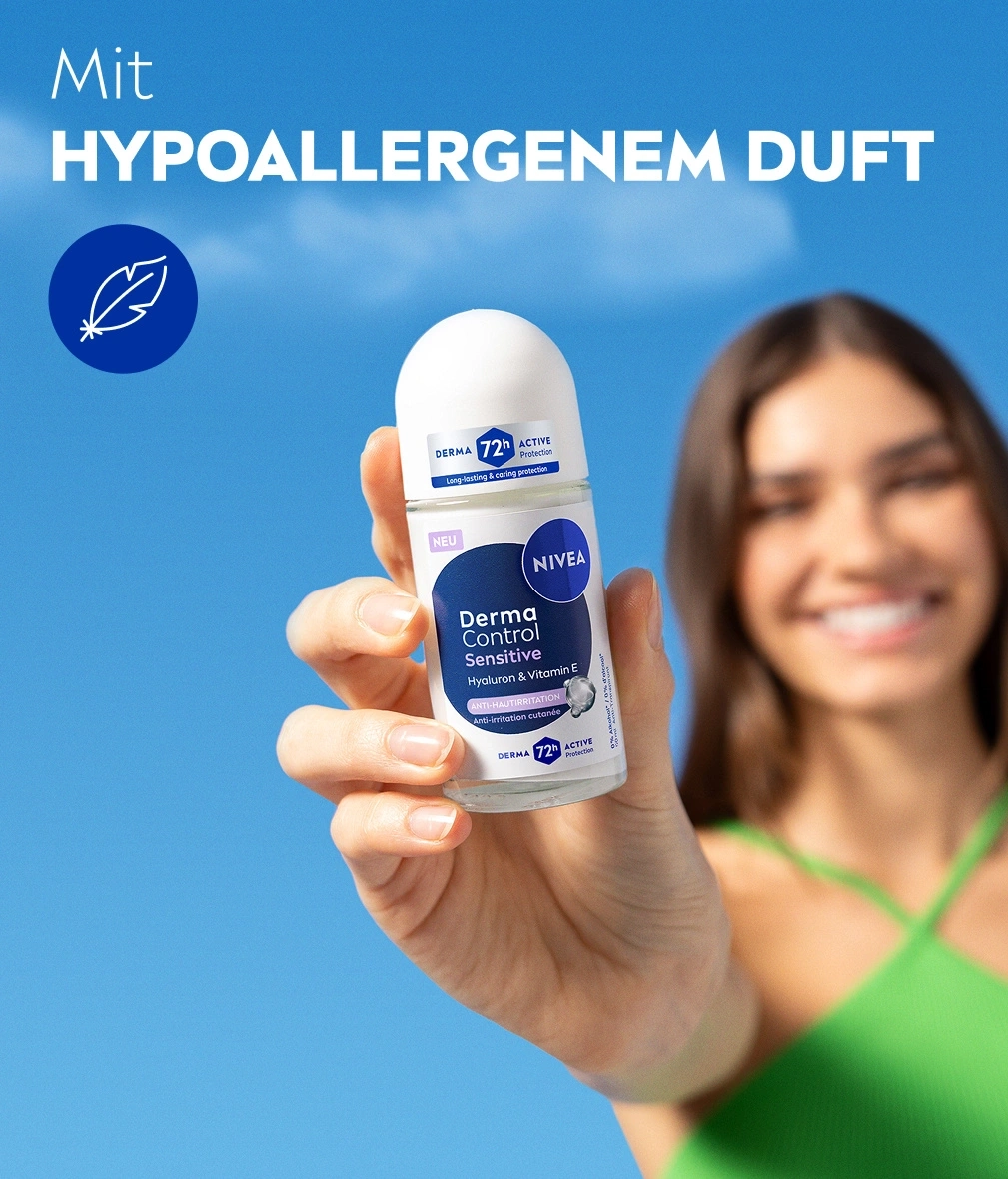 Frau hält Nivea Deo mit dem Schriftzug Mit hypoallergenem Duft