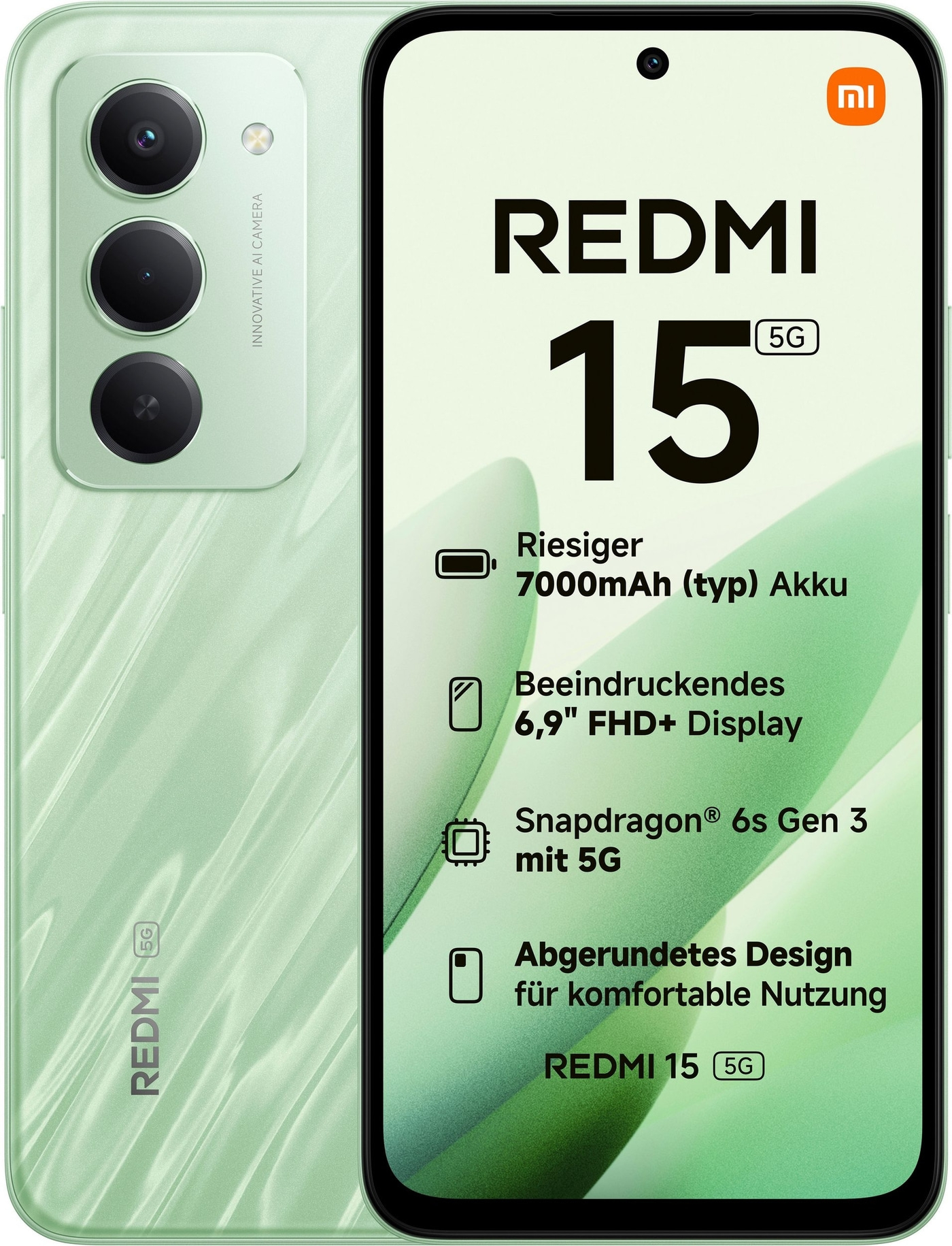 Ein hellgrünes Xiaomi Redmi 15 5G Smartphone mit groser Batterie, grossem Display und starkem Prozessor.