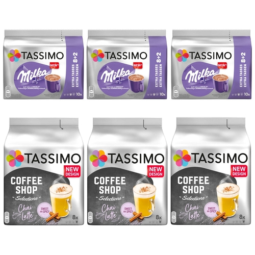 TASSIMO Kapseln Choco-Chai-Paket je 3 Packungen Milka & Chai Latte 54 Getränke