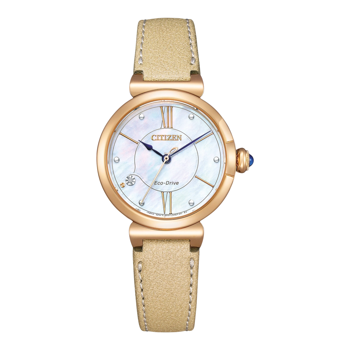 Goldene Citizen Damenuhr mit Lederarmband und Perlmutt-Zifferblatt, Eco-Drive Technologie