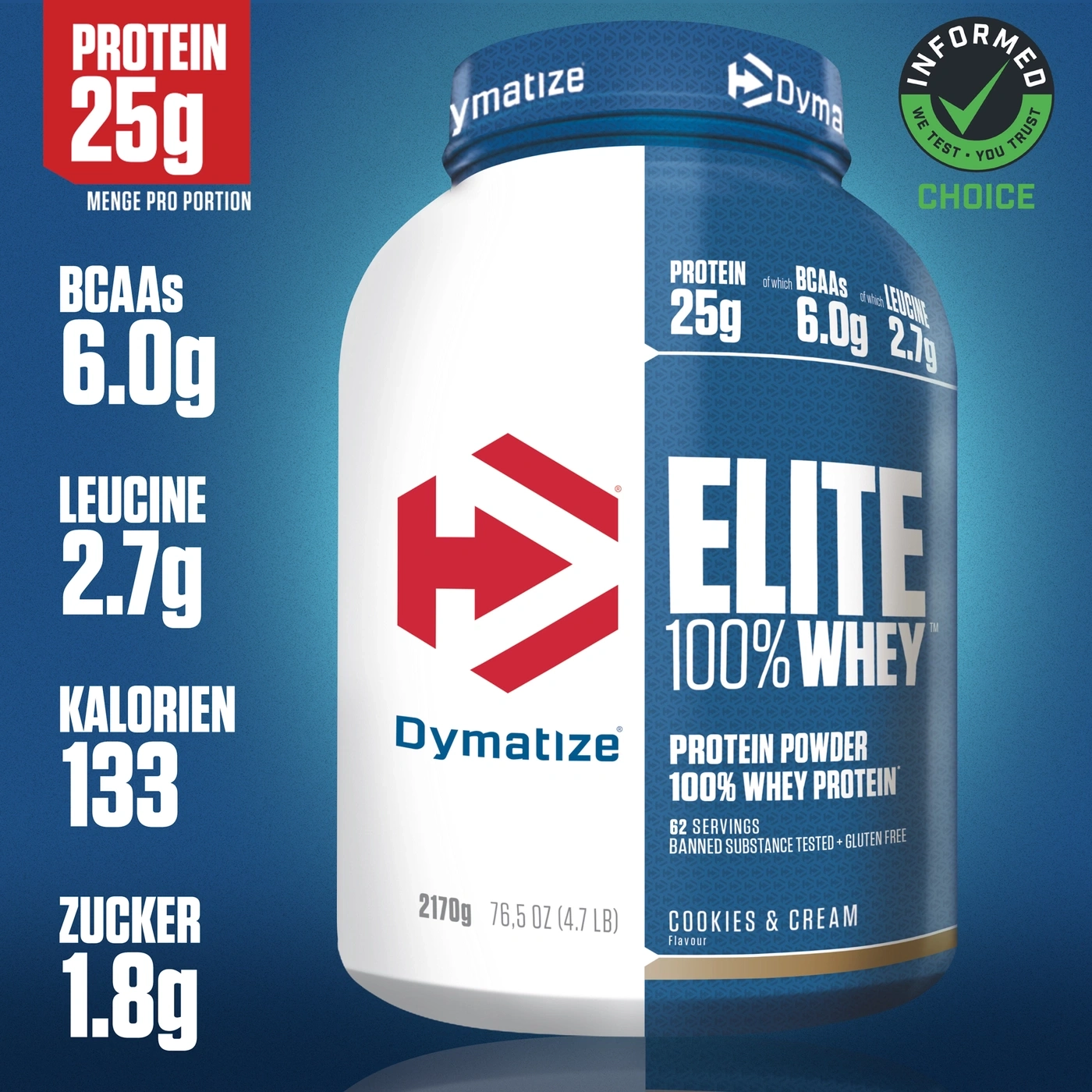 Protein-Pulver-Dose mit 25g Protein, 6.0g BCAAs, 2.7g Leucin, 133 Kalorien, 1.8g Zucker.