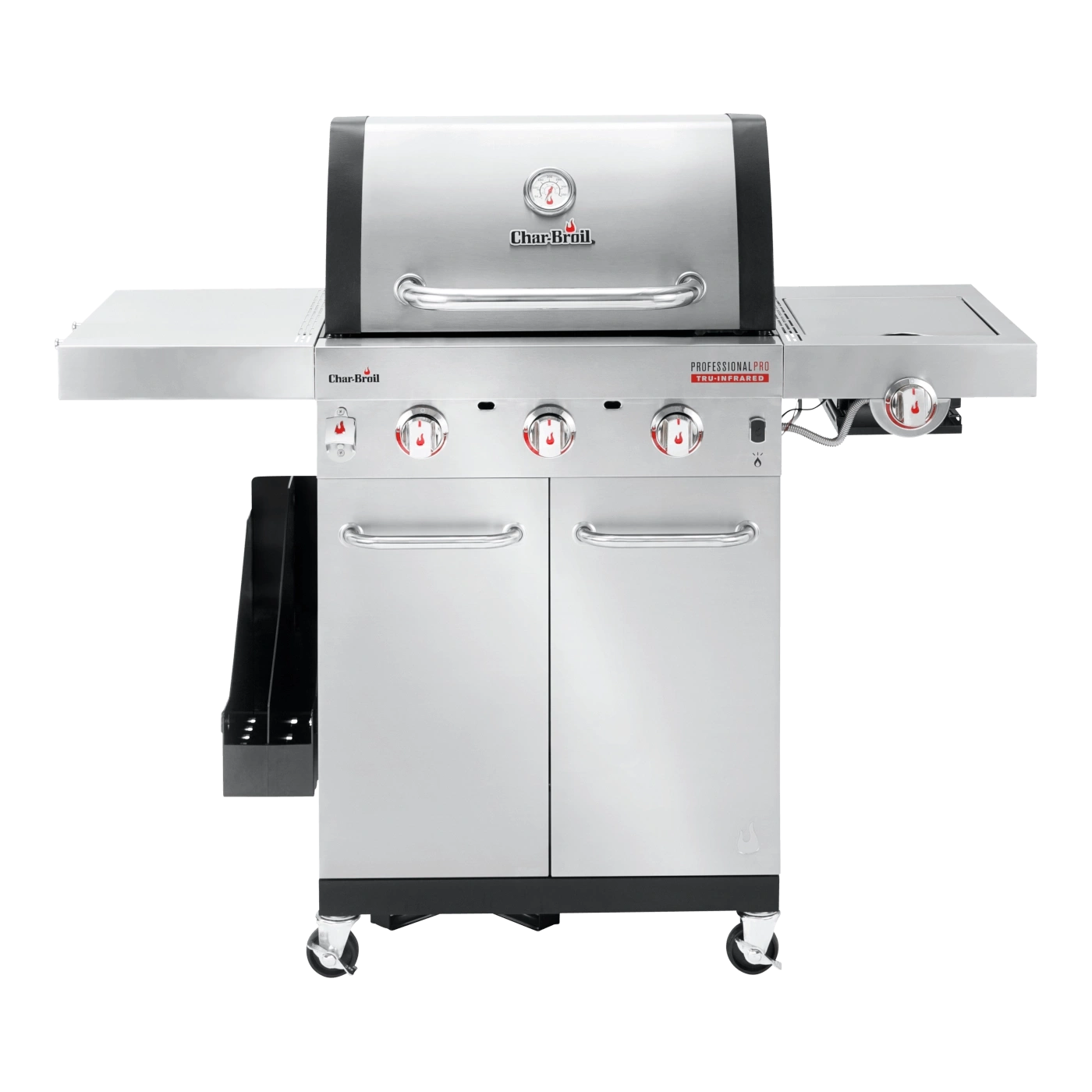 Edelstahl-Gasgrill mit drei Brennern, Thermometer und Seitenablagen