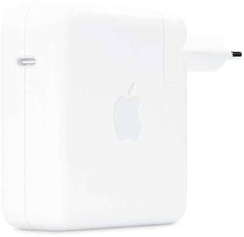 Weißes Apple-Ladegerät mit USB-C-Anschluss und Apple-Logo. Netzstecker.