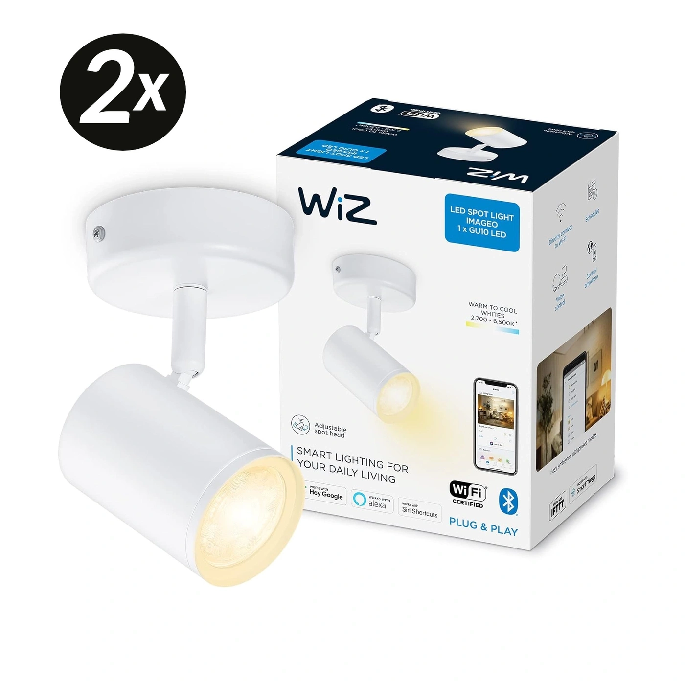 Zwei weiße Wiz LED-Spotlights mit Verpackung und Smart-Home-Funktionen.
