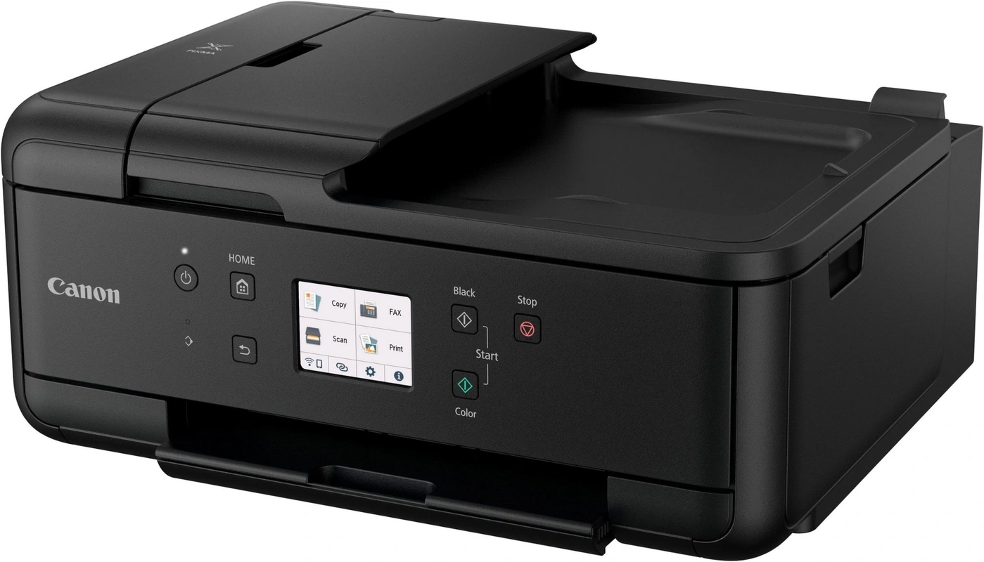 Schwarzer Canon Pixma Drucker mit Scanner und Touchscreen.