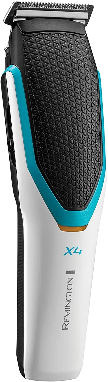 Rasierer von Remington, weiß und blau, mit schwarzem Griff und X4-Logo