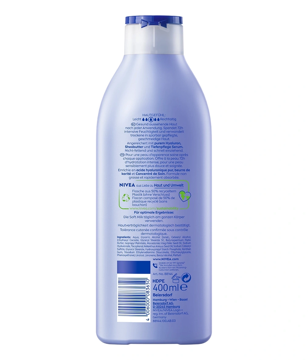 Nivea Soft Milk Flasche, Hautpflege, Feuchtigkeit, Hyaluron, Sheabutter, 400ml, recyceltes Plastik