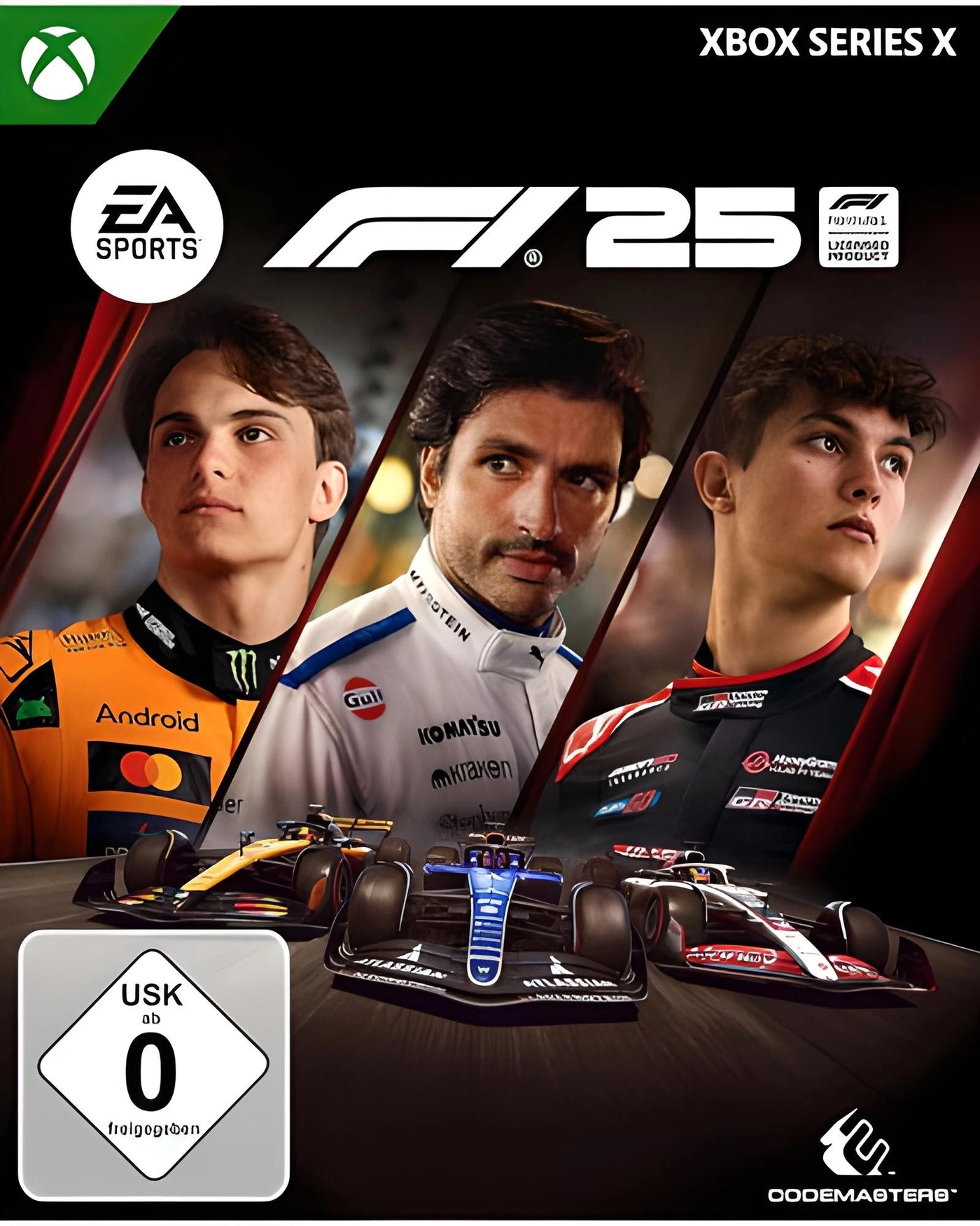 F1 23 Xbox Series X Cover, Rennwagen und Fahrer auf der Rennstrecke.