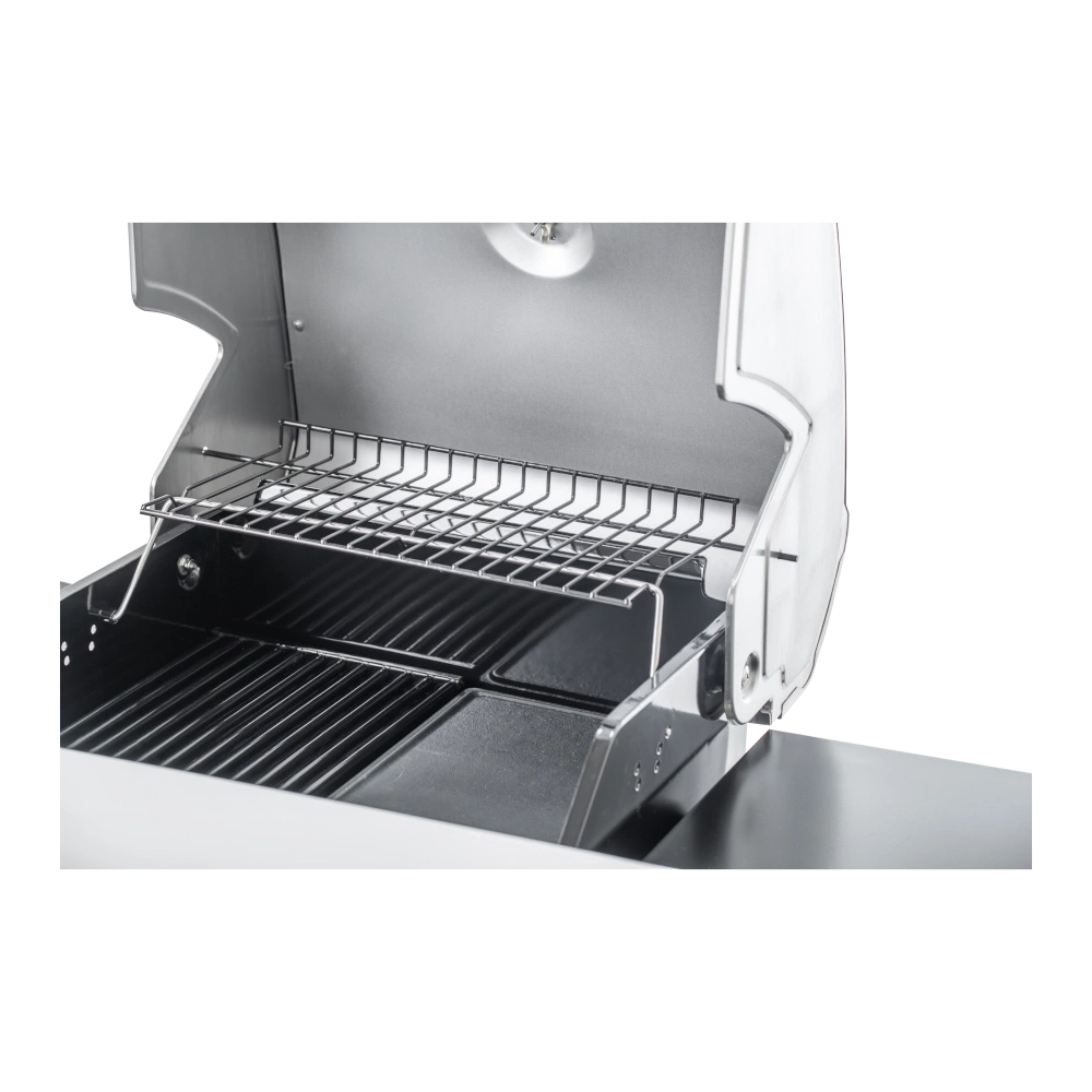 Grill mit offenem Deckel und Edelstahl-Heizregal