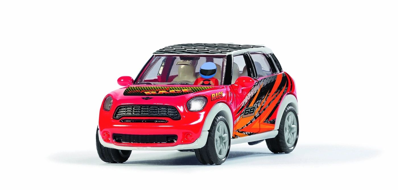 Ein rotes Mini Cooper Spielzeugauto mit Rennstreifen und der Zahl 68.