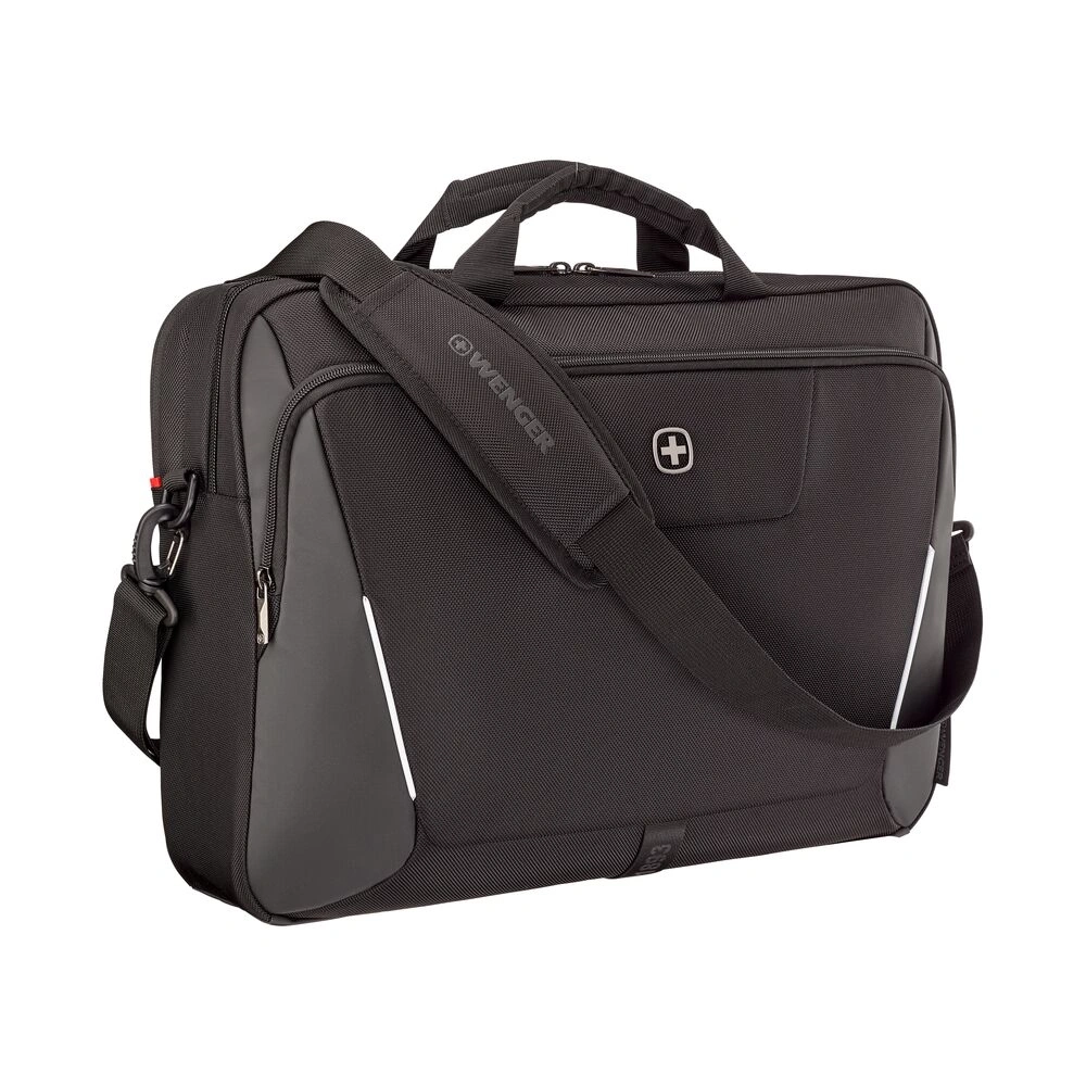 Schwarze Wenger-Laptoptasche mit Schultergurt und Griff, Logo, Reißverschluss, Büro