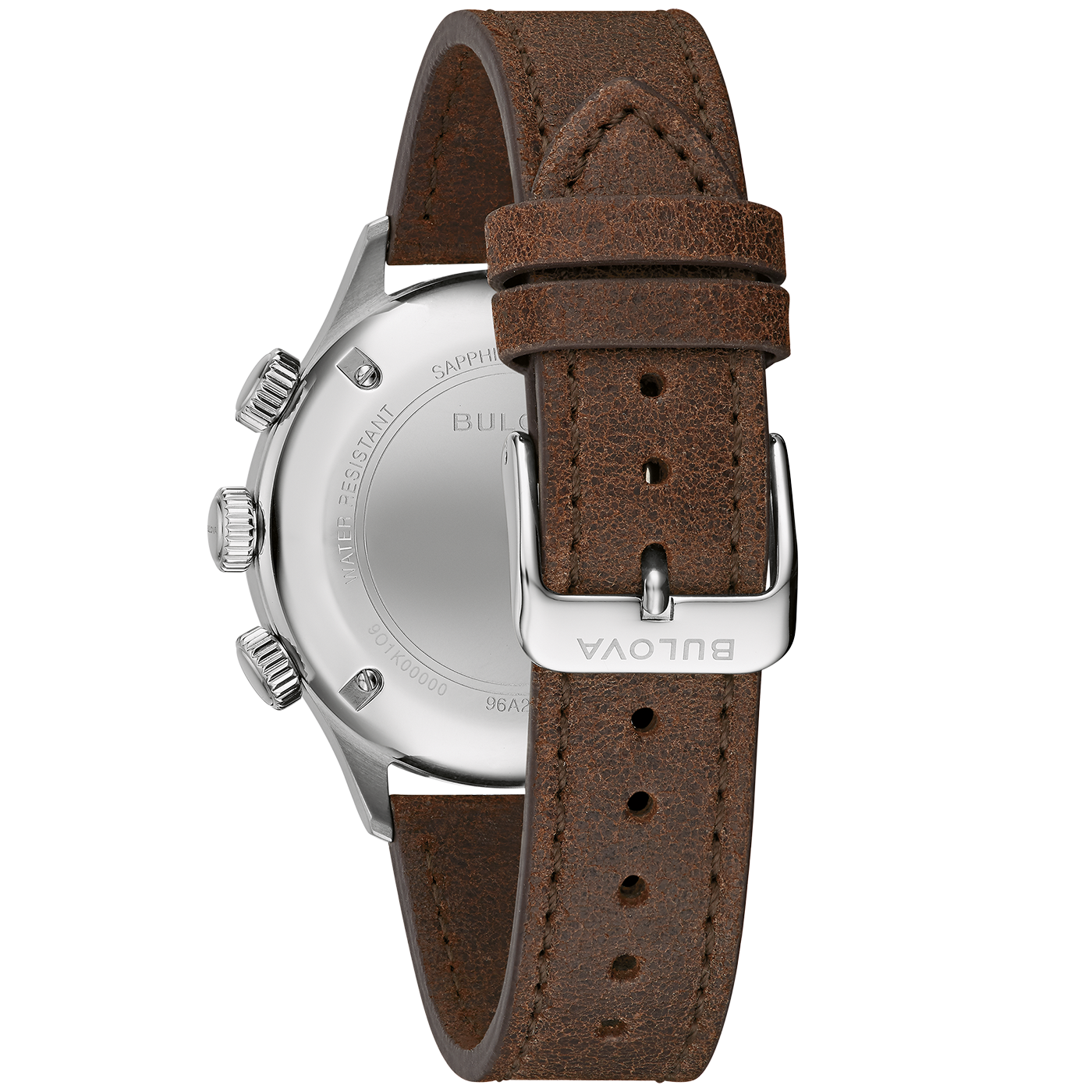 Nahaufnahme einer Bulova-Uhr mit braunem Lederarmband und silbernem Gehäuse