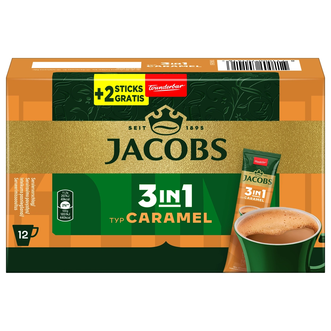 Jacobs 3in1 Caramel Kaffee Packung mit 12 Sticks, plus 2 gratis