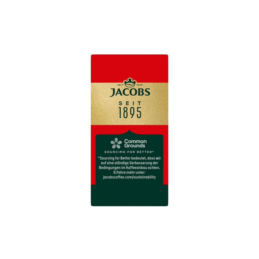Jacob's Kaffee Packung mit Siegel und Slogan "Sourcing for Better"