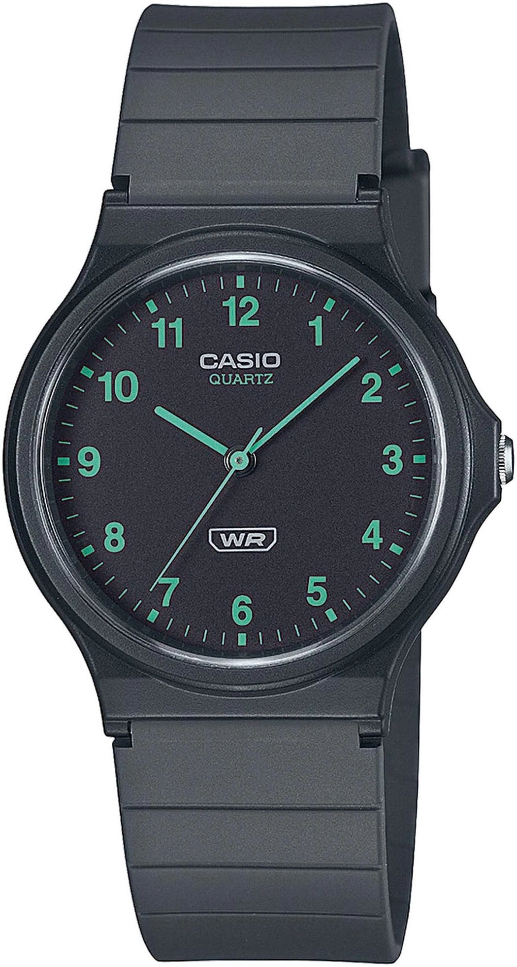 Eine schwarze Casio Quarzuhr mit grünen Zeigern und Ziffern.