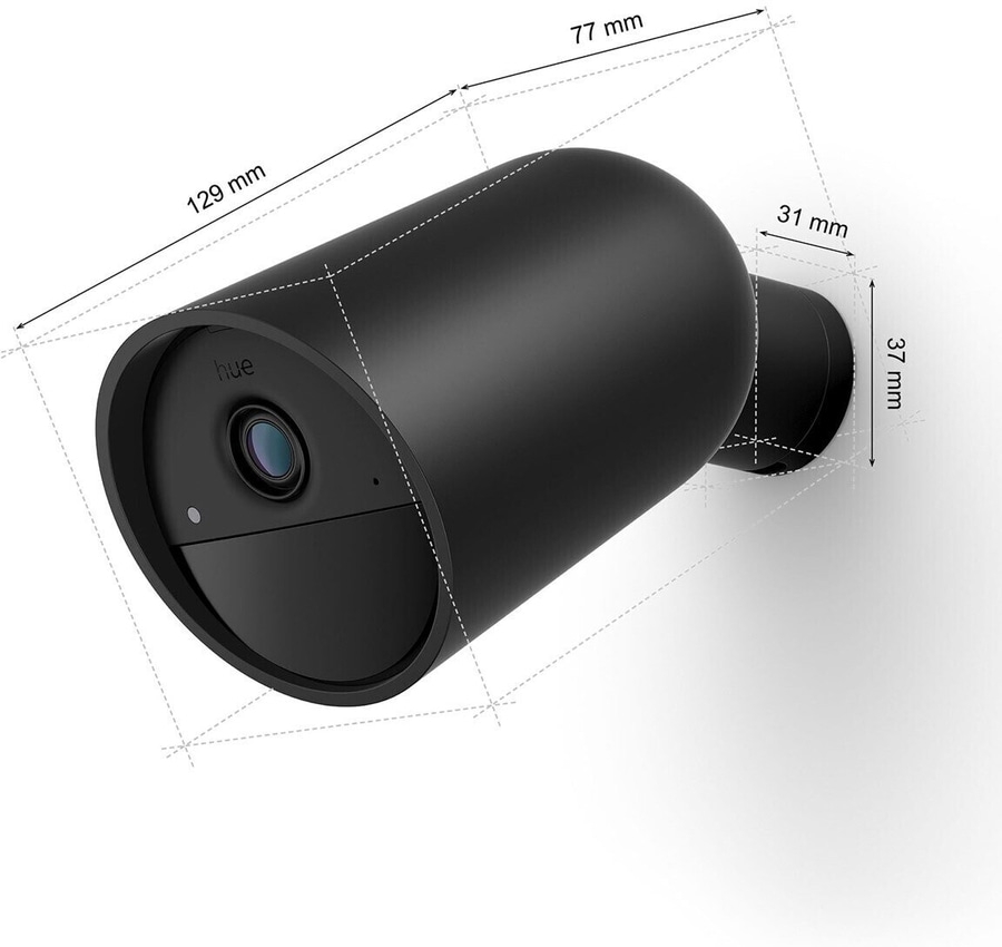Schwarze Überwachungskamera mit Abmessungen von 129 mm, 77 mm, 31 mm und 37 mm.