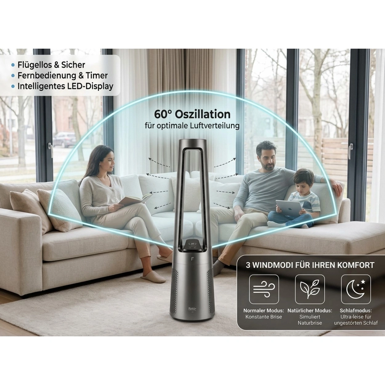 Ein stilvoller Turmventilator mit 60 Grad Oszillation und drei Windmodi für optimalen Komfort.