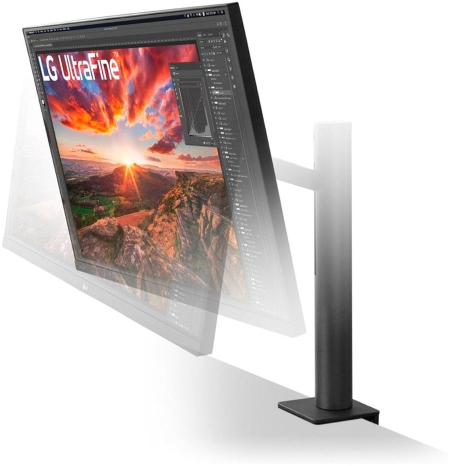 LG UltraFine Monitor, der auf einem Schreibtisch steht und einen Berg zeigt.