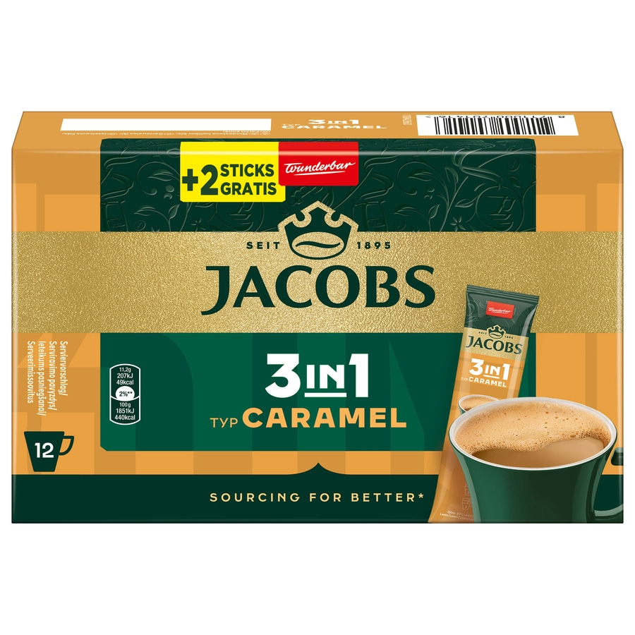 Jacobs 3in1 Caramel Kaffee-Packung mit 12 Portionen und Gratis-Sticks
