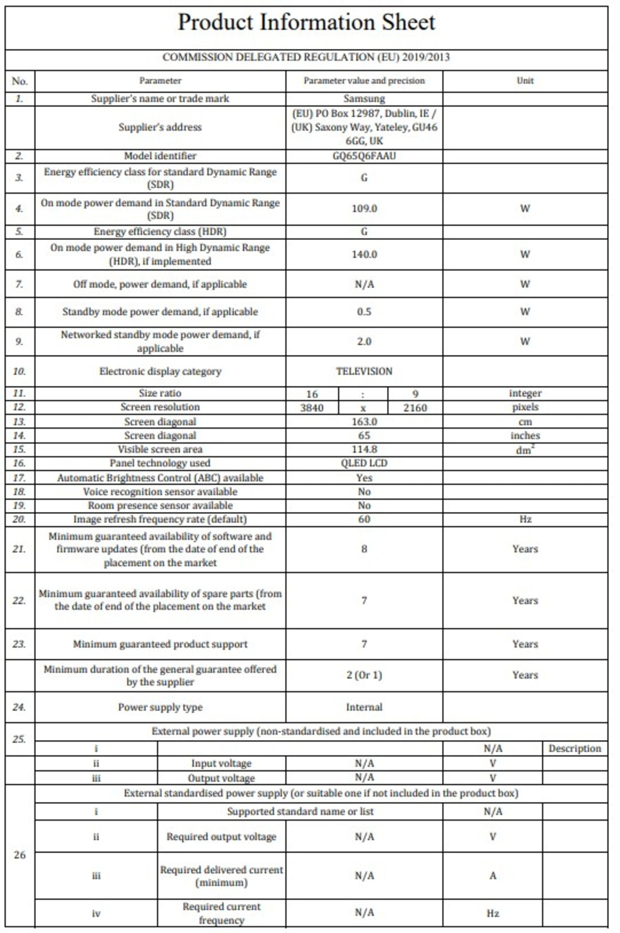 Produktinformationsblatt für einen Fernseher mit Energieeffizienzklassen und technischen Spezifikationen.