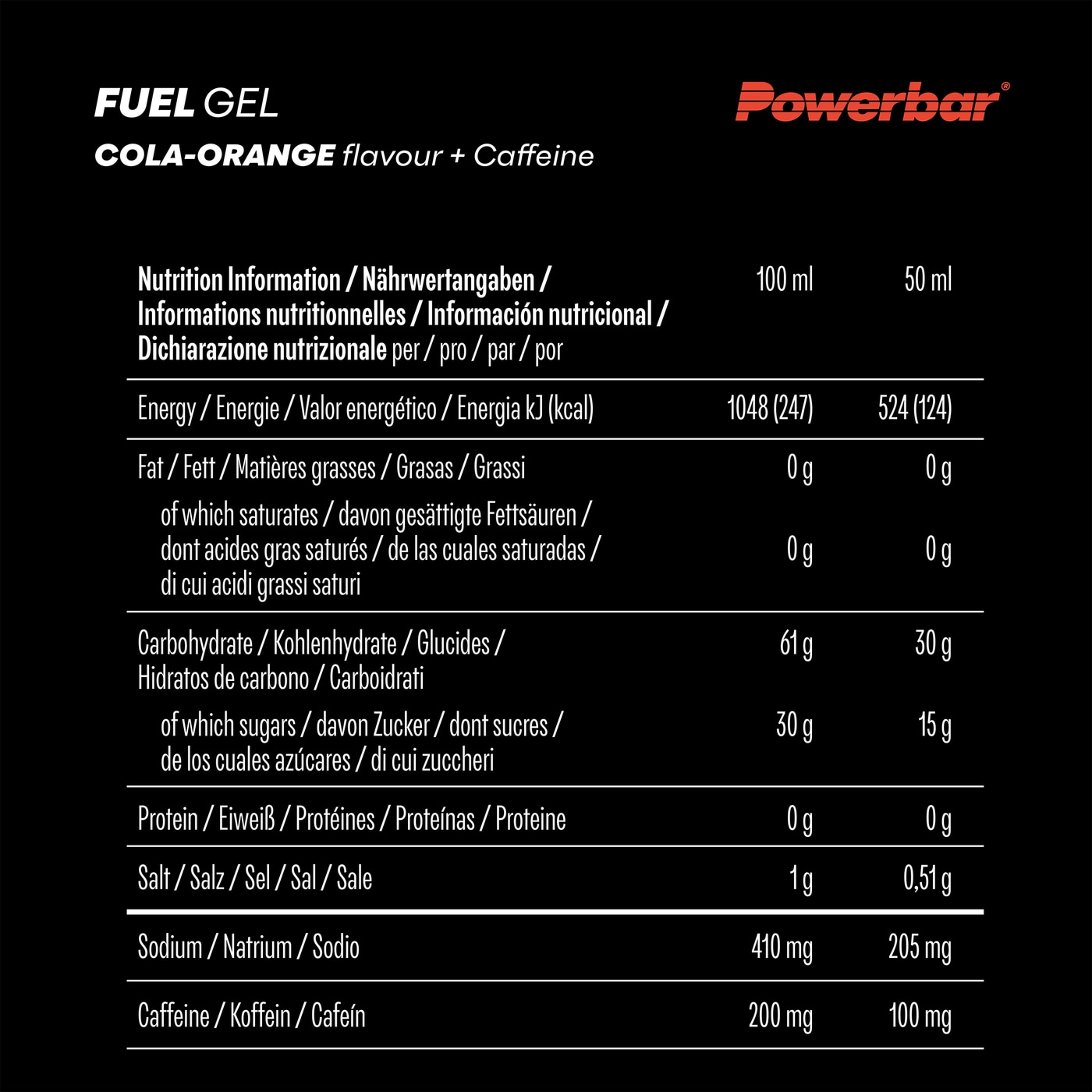 POWERBAR Kohlenhydratgel Fuel 30 Gel Black Line Cola-Orange Koffein 12 x 50 ml