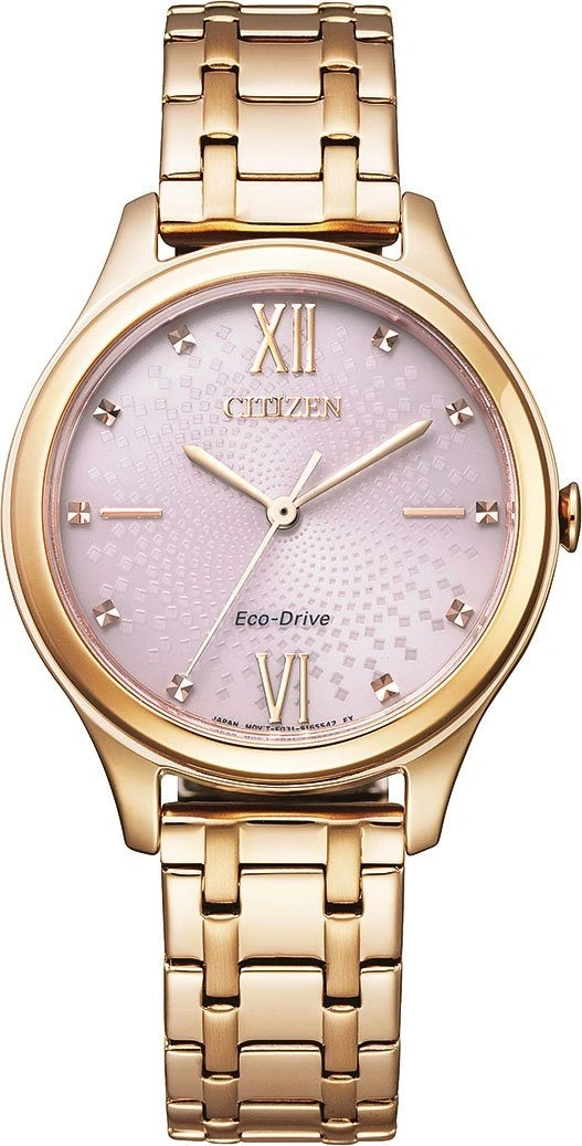Goldene Citizen Damenuhr mit rosa Zifferblatt und römischen Ziffern. Eco-Drive.