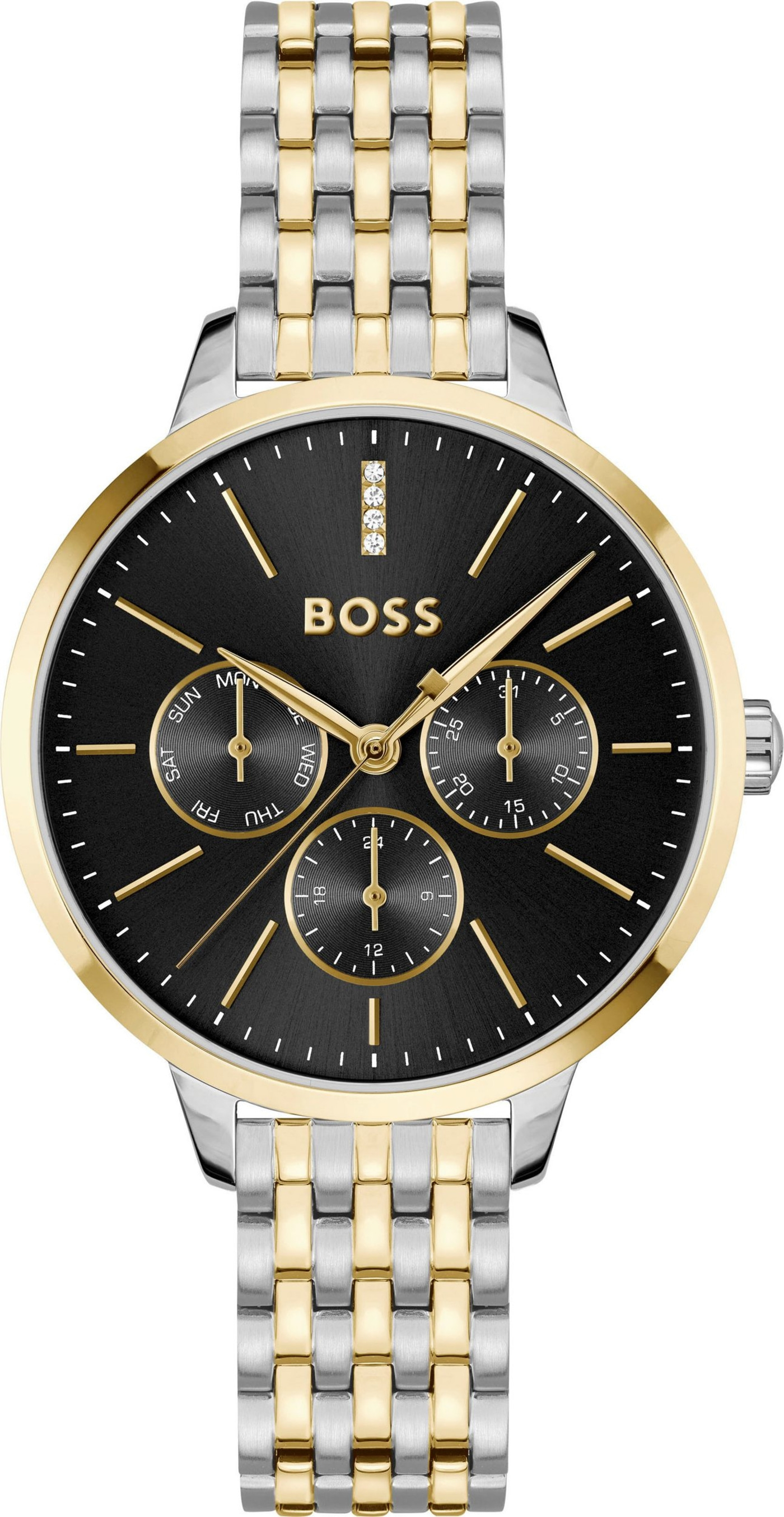 Eine Luxusuhr mit schwarzem Zifferblatt, Goldakzenten und einem zweifarbigen Armband.