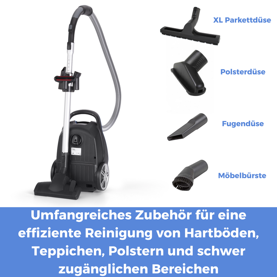 Staubsauger mit Zubehör und Textbeschreibung auf Deutsch