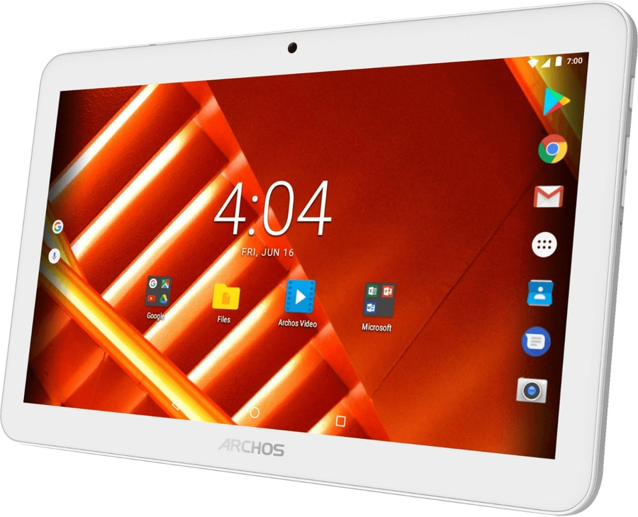 Weißes Tablet mit Uhrzeit 4:04, Archos-Logo und Apps auf dem Bildschirm.