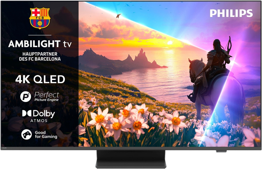 Philips Fernseher mit Ambilight, 4K QLED, Dolby Atmos, für Gaming, FC Barcelona