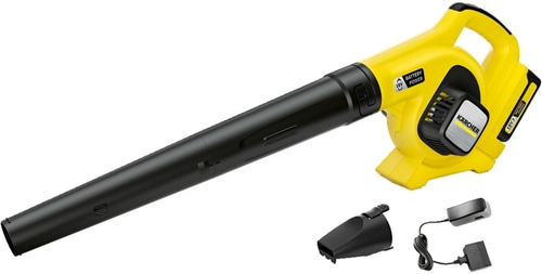 Gelber Kärcher-Akku-Bläser mit Zubehör und Ladegerät, 18V Batterie