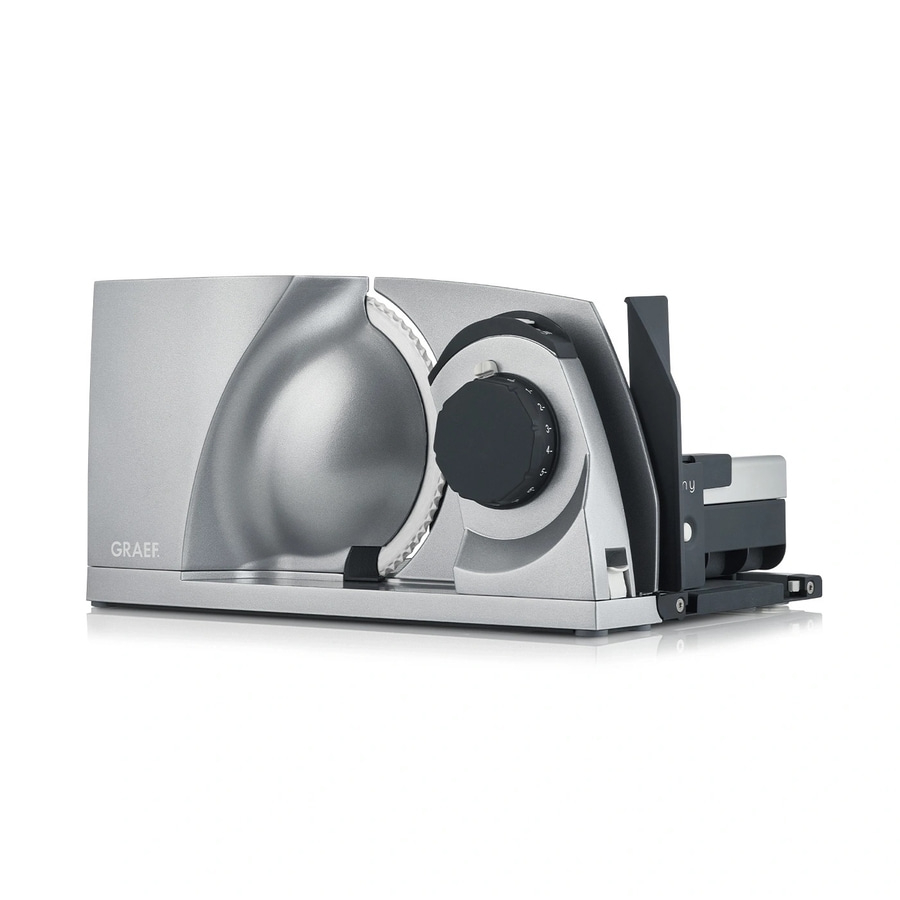 Graef Allesschneider, silberfarben, mit schwarzem Drehknopf und Schneidmesser.