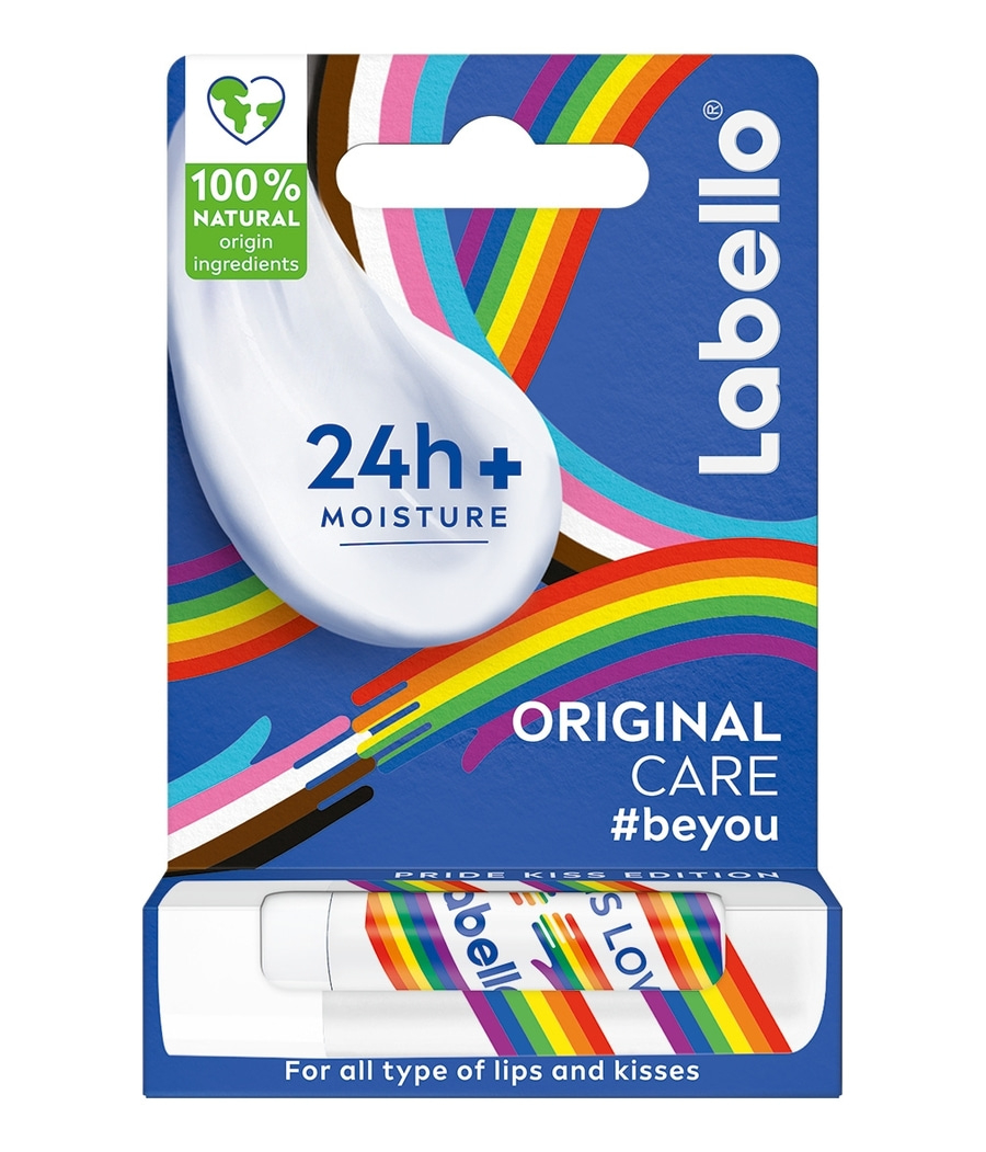 Labello Original Care Pride Kiss Edition Lippenpflege mit Regenbogenmotiv für 24h Feuchtigkeit und #beyou Slogan. Naturliche Inhaltsstoffe.